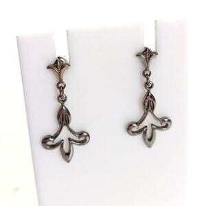Vintage Silver Tone Fleur De Los Dangle Drop Dainty Delicate Post Stud Earrings